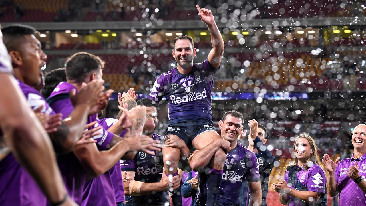 Cameron Smith is chaired off the field... but the Melbourne Storm skipper refused to confirm he was retiring.