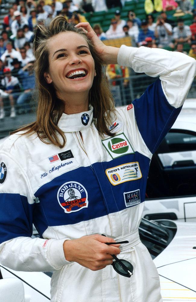 Elle competes during the celebrity race at the 2003 Australian Grand Prix in Adelaide. Picture: News Corp Australia