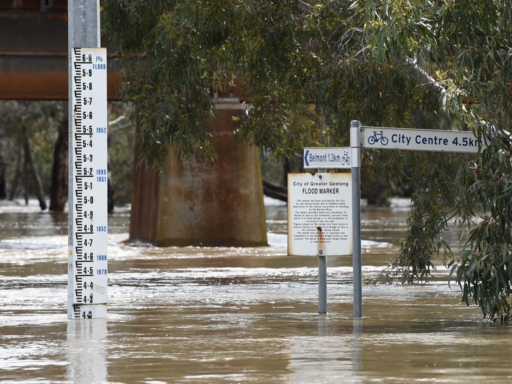 Gundog Lane Breakwater. Flood water gauge on the Barwon River, Geelong. Picture David Smith.