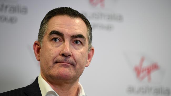 ‘This is not the end’ ... Virgin Australia Group Chief Executive Officer Paul Scurrah saddresses the assembled media today. Picture: Joel Carrett