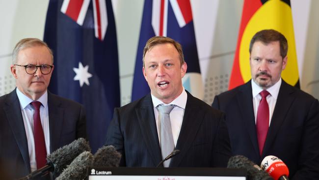 Prime Minister Anthony Albanese, Queensland Premier Steven Miles and Industry Minister Ed Husic announce almost $1bn in taxpayer-funded equity, grants and loans for PsiQuantum to build a yet-to-be-developed quantum computer in Brisbane. Picture: Tertius Pickard/NCA NewsWire