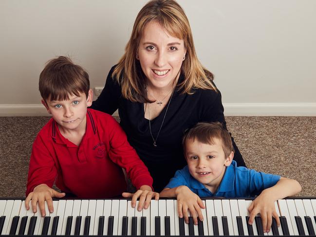 Karen Rutland with her musical kids, Indy, 8 and Clay, 4 at her music studio, LT Music in Klemzig. Photo: Matt Loxton