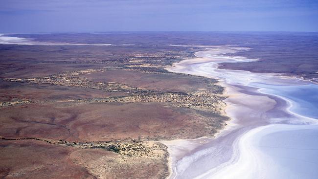 An aerial view of the vast expanse of Lake Torrens, a salt lake in South Australia.