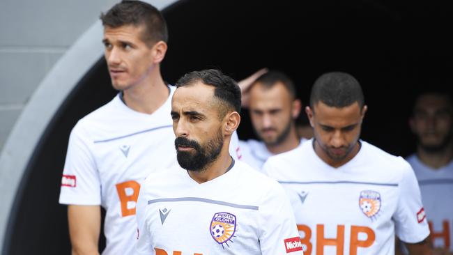 Perth Glory players walk out on the pitch ahead of their clash against Brisbane Roar on Saturday Picture: AAP