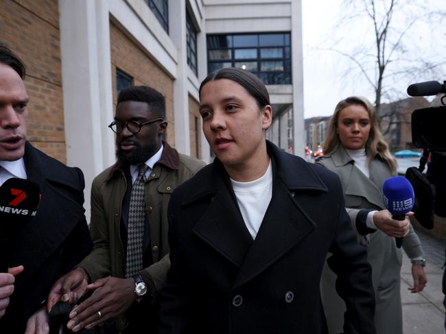 Australian football star Sam Kerr departs Kingston Crown Court after a pre-trial hearing on January 14, 2025 in Kingston upon Thames, England. Picture: Dan Kitwood/Getty Images