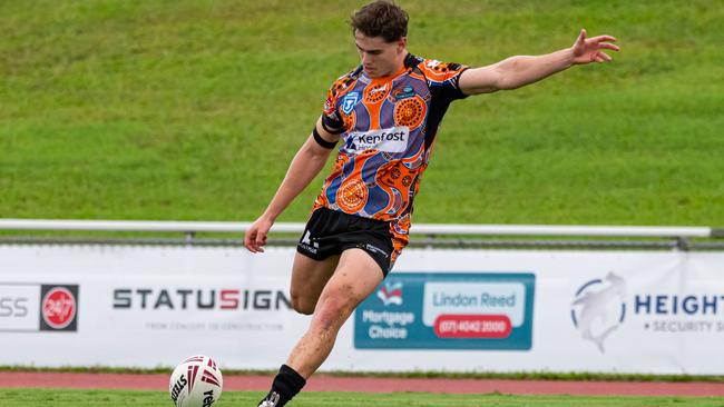 Northern Pride kicker Tom Duffy launches a conversion. Picture: Emily Barker