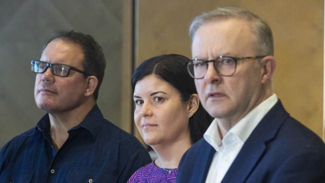 Anthony Albanese, Northern Territory Chief Minister Natasha Fyles and Federal Member for Solomon Luke Gosling at a press conference at the Legislative Assembly of the Northern Territory. Picture: Floss Adams