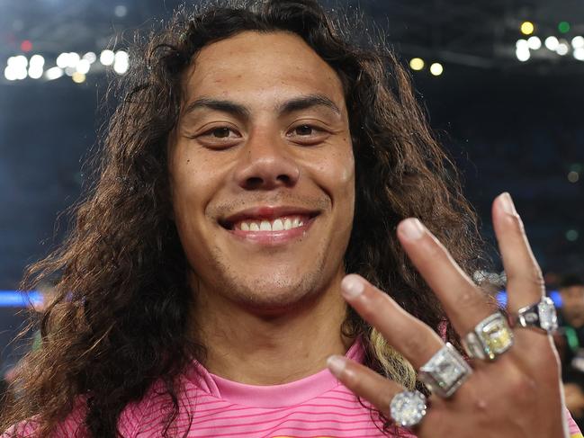 SYDNEY, AUSTRALIA - OCTOBER 06:  Jarome Luai of the Pantherscelebrate after winning the 2024 NRL Grand Final match between the Melbourne Storm and the Penrith Panthers at Accor Stadium on October 06, 2024, in Sydney, Australia. (Photo by Cameron Spencer/Getty Images)