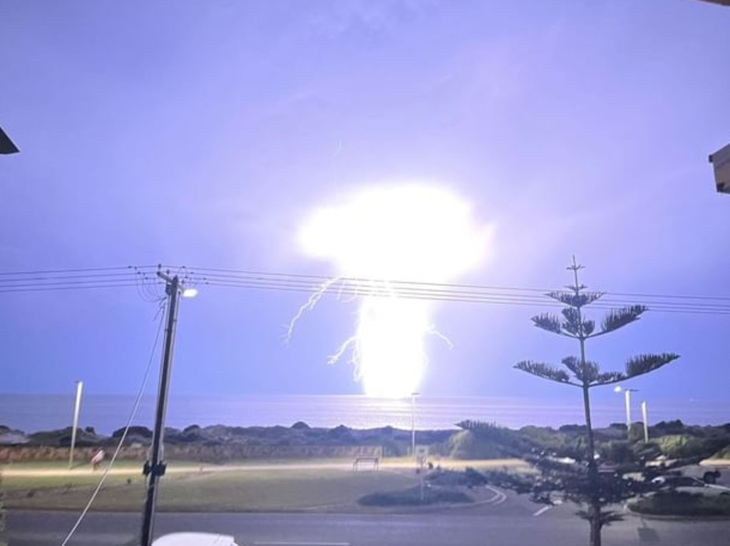 A huge lightning flash at Adelaide’s West Beach on Monday. Picture: Kylie Freeman