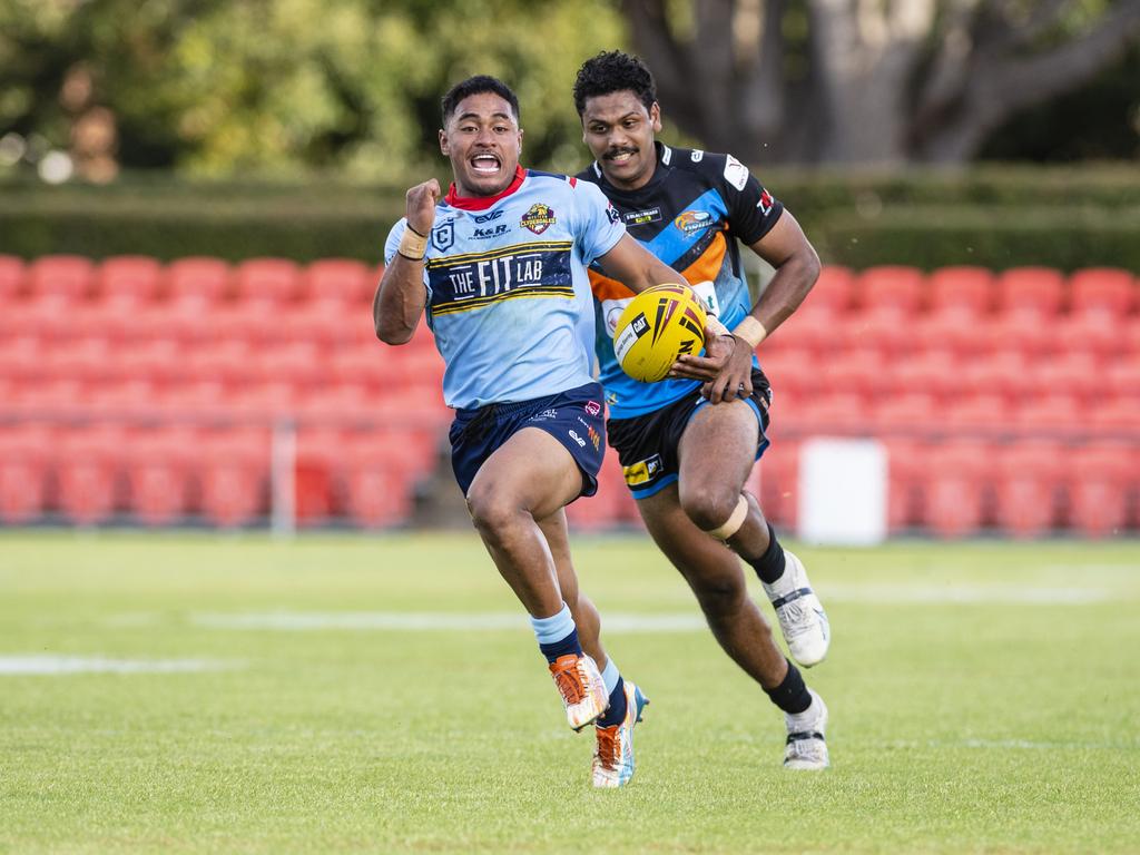 Hopoate Finau gets away for his second breakaway try for Western Clydesdales against Northern Pride. Picture: Kevin Farmer.