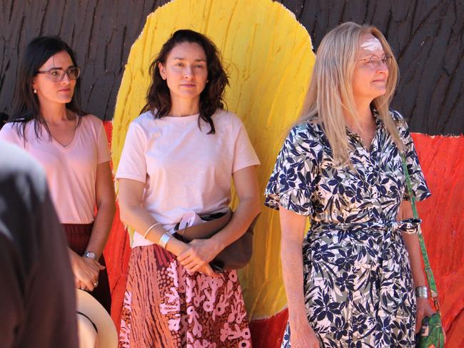 Counsel assisting Maria Walz and Peggy Dwyer with Coroner Elisabeth Armitage (right) outside the memory house in November. Picture: Jason Walls