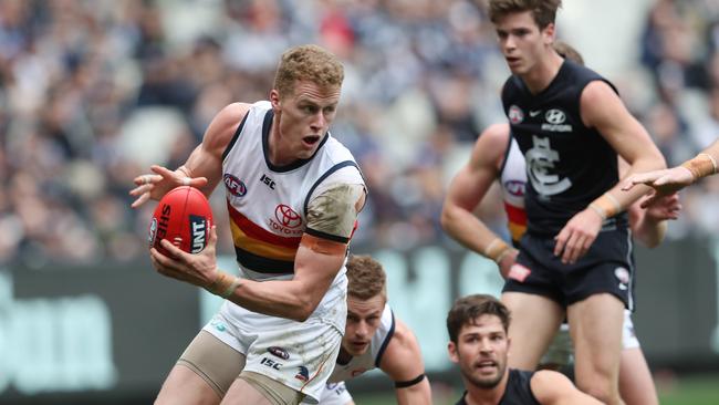 Reilly O'Brien is now undoubtedly Adelaide’s first-choice ruckman after Sam Jacobs’ departure to GWS. Picture: AAP/David Crosling