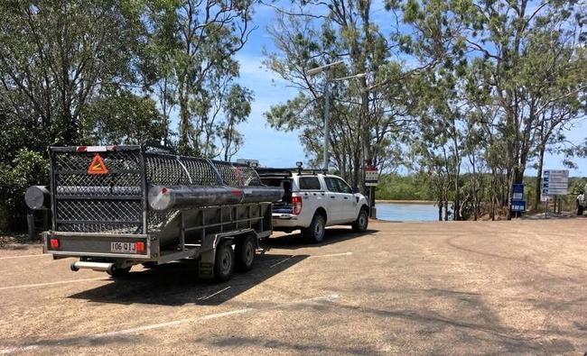 A crocodile trap being launched at the Wild Cattle Creek boat ramp. Picture: Aerial Media Gladstone