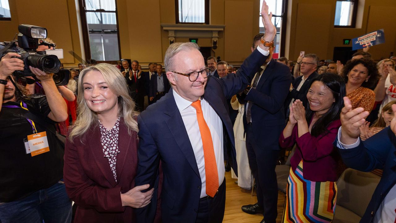 Anthony Albanese with fiancee Jodie Haydon. Picture: Jason Edwards / NewsWire