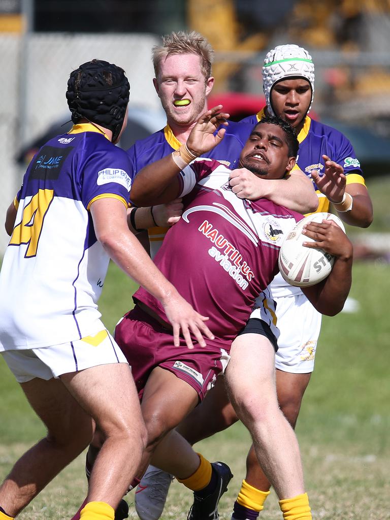 Yarrabah's Zac Mossman is tackled high by Lee Kennedy in the Cairns and District Rugby League (CDRL) match between, the Edmonton Storm and the Yarrabah Seahawks, held at Peterson Park, Edmonton. Picture: Brendan Radke