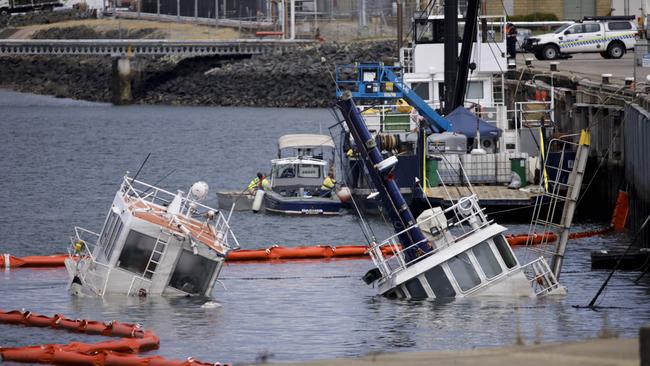 Sunken tug boats at Devonport wharf after being hit by cement carrier GOLIATH. Picture: Grant Viney