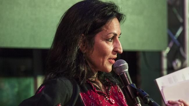 BEIT WAZAN, WEST BANK - JUNE 4:   Susan Abulhawa, a Palestinian-American writer and human rights activist,  speaks at a 2014 Palestine Festival of Literature event at Qasr al Qassem on June 4, 2014 in Beit Wazan, near Nablus, West Bank. The festival is an annual event that aims to bring a cultural festival of international standard to audiences in Palestine to assert "the power of culture over the culture of power."  (Photo by Rob Stothard/Getty Images)