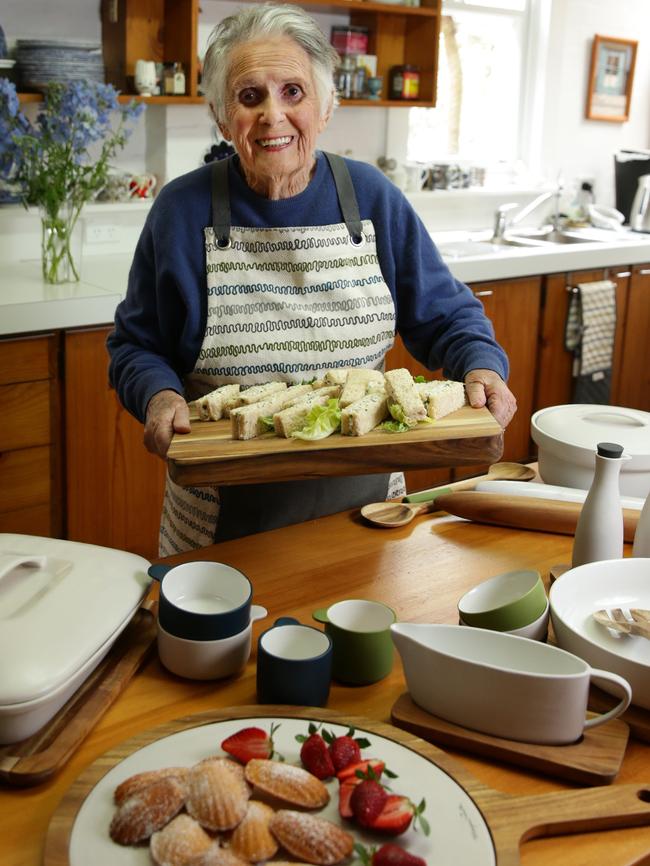 Margaret Fulton using her new cookware range. Picture: Bob Barker