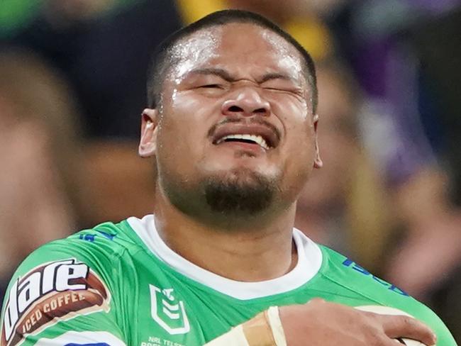 Joey Leilua of the Raiders reacts after his run for a try was stopped by the referee during the NRL Second Qualifying match between the Melbourne Storm and the Canberra Raiders at AAMI Park in Melbourne, Saturday, September 14, 2019. (AAP Image/Michael Dodge) NO ARCHIVING, EDITORIAL USE ONLY