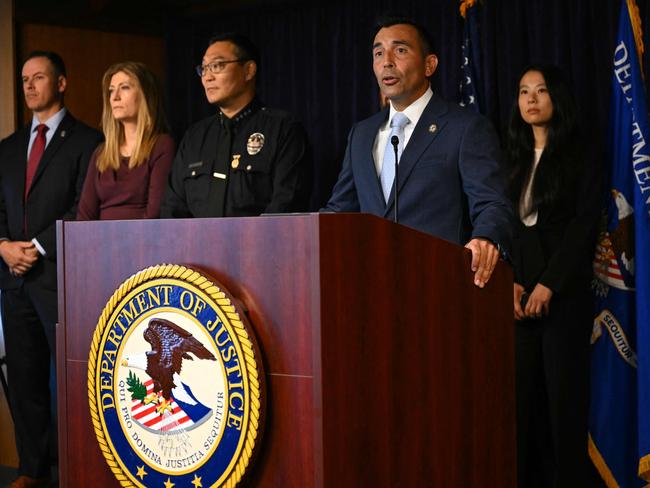 US Attorney for the Central District of California, Martin Estrada, at a press conference announcing five arrests in relation to the death of Matthew Perry. Picture: Patrick T. Fallon / AFP