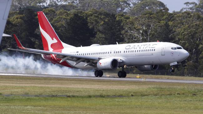 The Qantas flight carrying the Pfizer vaccines lands at Hobart airport on Sunday afternoon. Picture:Chris Kidd