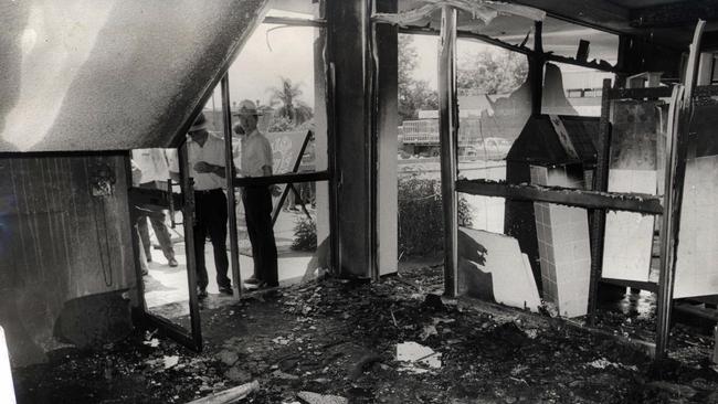 Ground floor entrance to the Whiskey Au Go Go nightclub in Amelia Street, Fortitude Valley, where two 4 gallon drums of super petrol were placed to set fire to the premises. 08 Mar 1973.