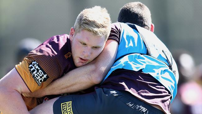 Thomas Flegler in action during a Brisbane Broncos training session in Brisbane, Tuesday, August 6, 2019. (AAP Image/Jono Searle) NO ARCHIVING