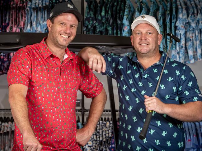 ADELAIDE, AUSTRALIA - Advertiser Photos DECEMBER 28, 2022: Golf Gods Directors Shaun Trevillian and Dale Smedley, the Adelaide larrikins who founded a novelty golf company in Edwardstown, SA. Picture Emma Brasier.