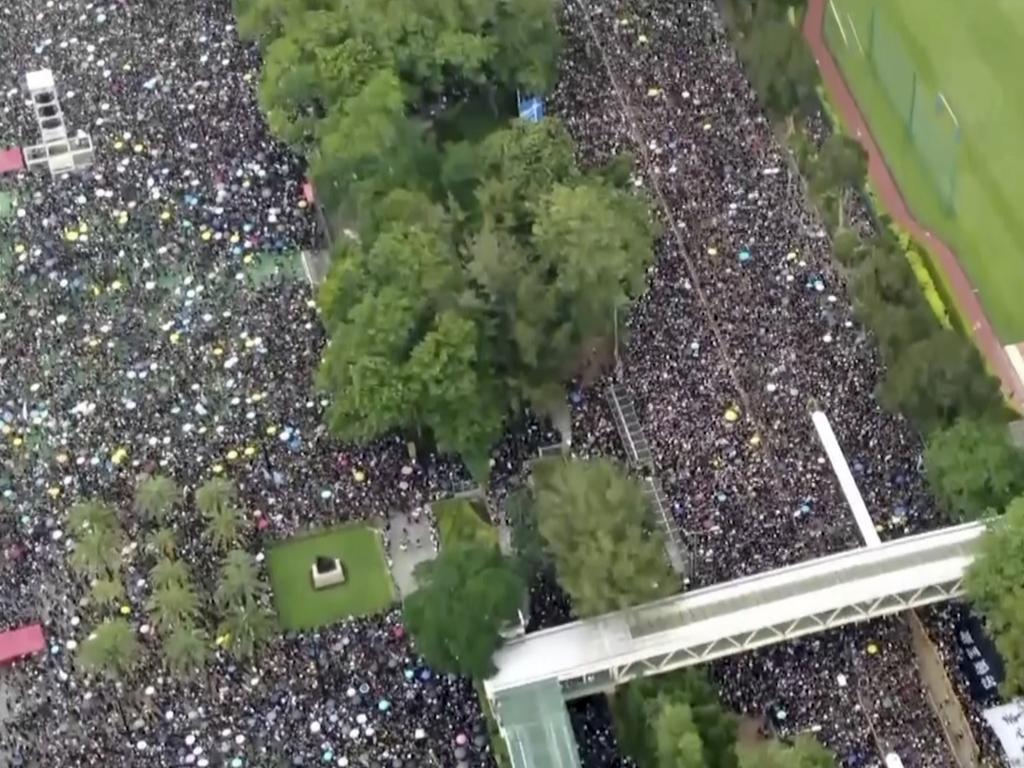 An image from video and taken with a drone shows the enormous crowd. Picture: Cable TV Hong Kong via AP