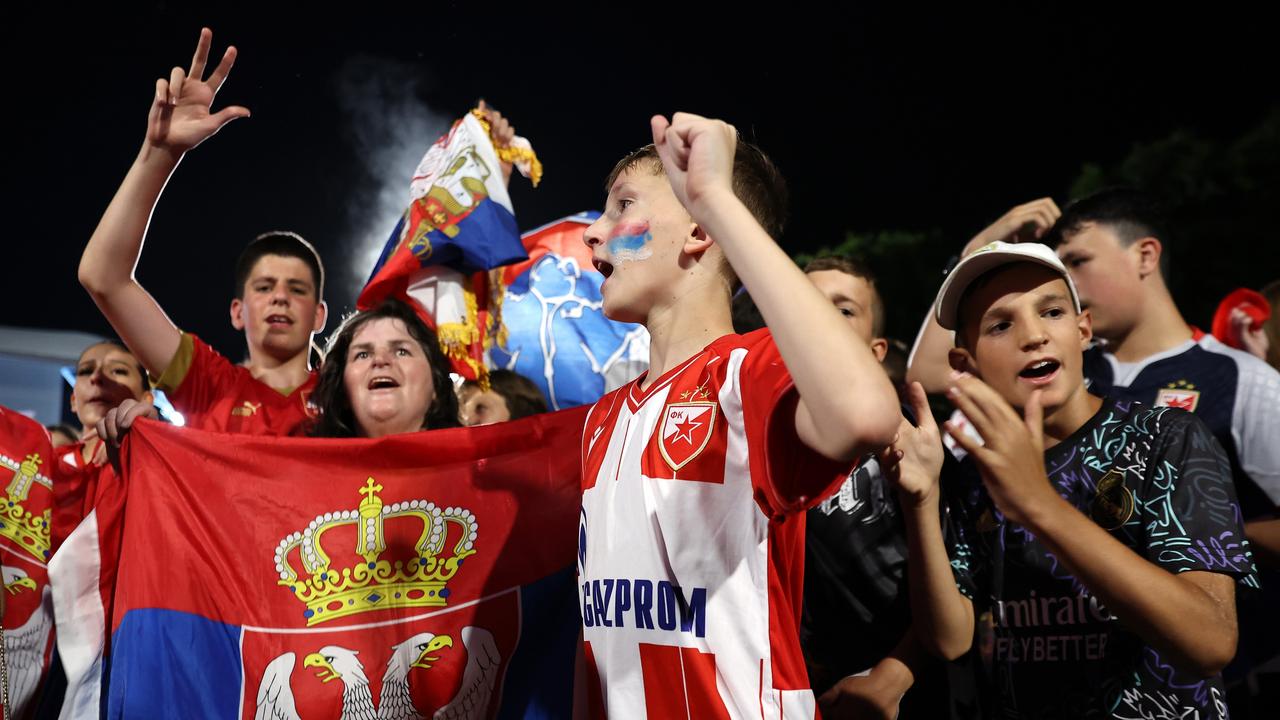 Serbian fans celebrate in Garden Square.