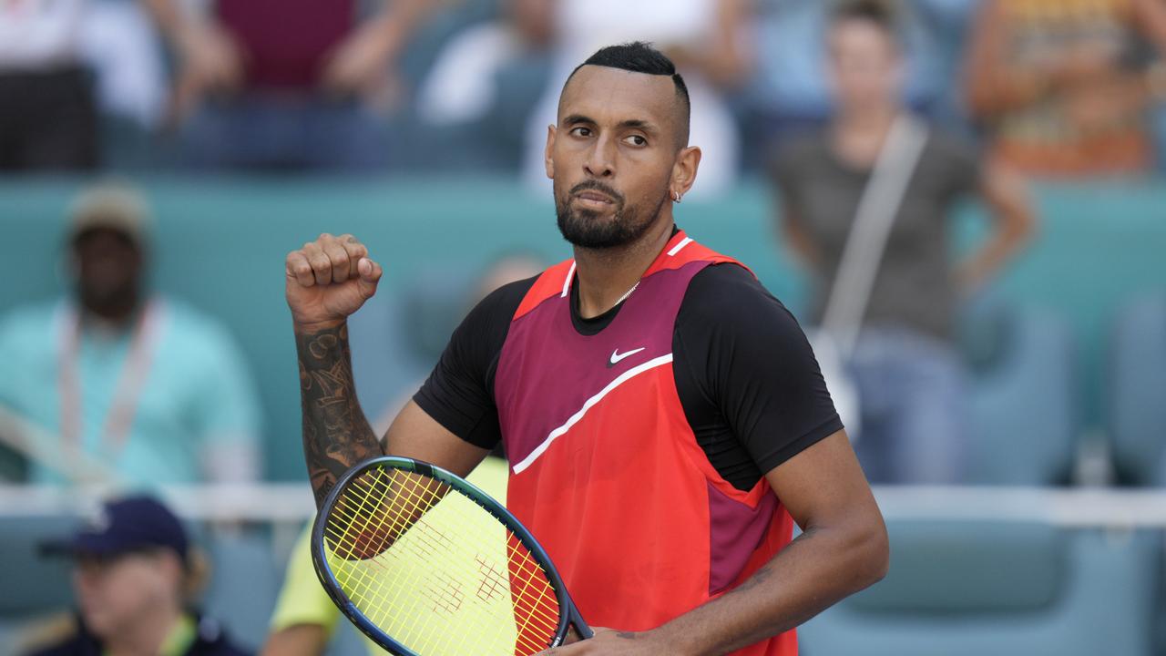 MIAMI GARDENS, FLORIDA – MARCH 27: Nick Kyrgios of Australia celebrates after defeating Fabio Fognini of Italy during the 2022 Miami Open presented by ItaÃ&#131;Âº at Hard Rock Stadium on March 27, 2022 in Miami Gardens, Florida. (Photo by Mark Brown/Getty Images)