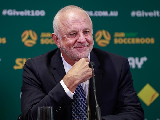 SYDNEY, AUSTRALIA - JANUARY 30: Graham Arnold smiles during a press conference announcing the new Socceroos head coach at Dexus Place on January 30, 2023 in Sydney, Australia. (Photo by Hanna Lassen/Getty Images)