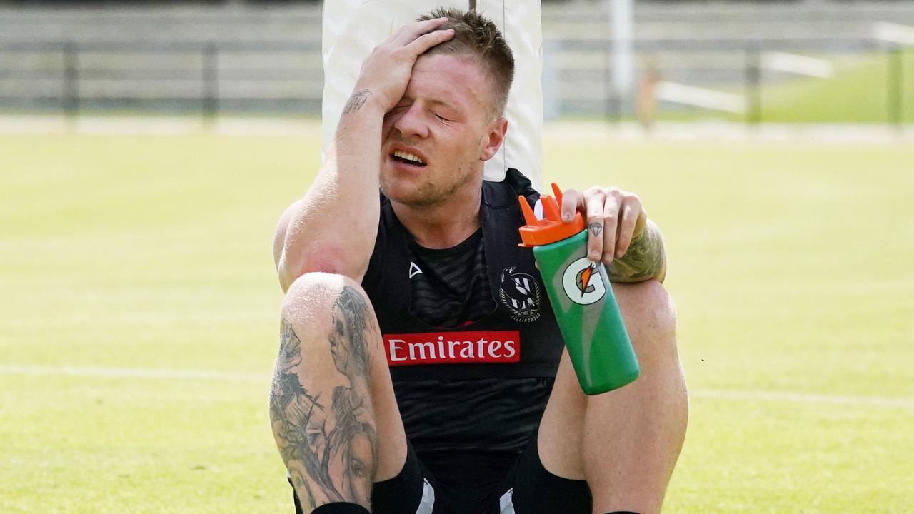 Jordan De Goey made a brief appearance at Magpies training. Picture: Michael Dodge