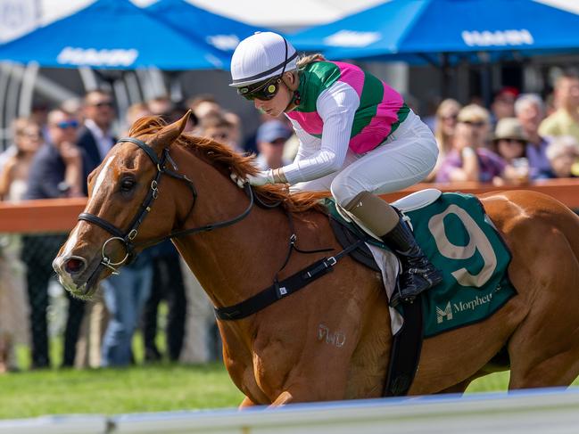 Kayla Crowther steers Obi to a strong win at Morphettville on Saturday. Picture: Makoto Kaneko