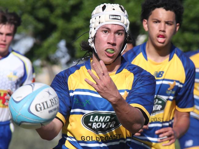 Finals of the King of the Country junior rugby union tournament at Gold Coast Eagles Rugby Union Club. U/16  between Eagles (yellow andblue) and Caloundra.  Picture Glenn Hampson