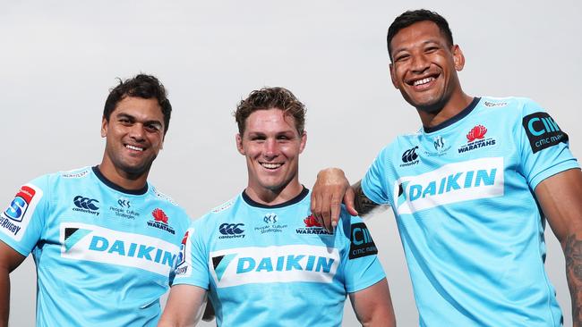 Karmichael Hunt, Michael Hooper and Israel Folau together playing for the NSW Waratahs Super Rugby team, at Daceyville Sydney. Picture: Brett Costello