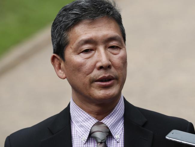 Ri Tong Il, former North Korean deputy ambassador to the United Nations, speaks to journalists outside the North Korean embassy in Kuala Lumpur, Malaysia. Picture: AP Photo/Vincent Thian