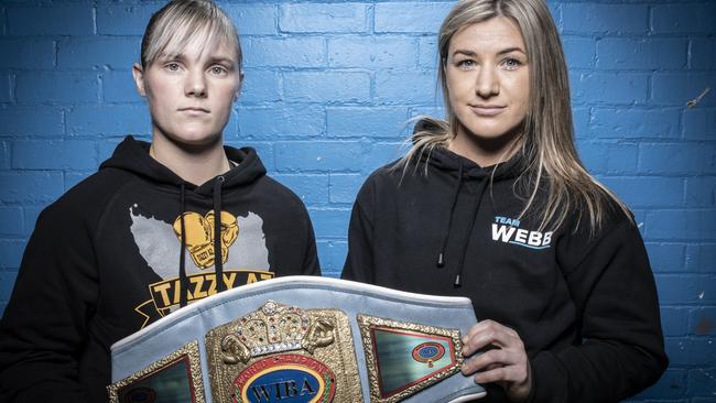 Krystina Jacobs with opponent Lorrinda Webb. The first Women’s World Title fight in Tasmanian History and only the second World Title Fight to be held in the State since Daniel Geale’s last title defence! Tasmania’s own Krystina (Mousey) Jacobs Fights Victorian Lorrinda Webb for the WIBA super featherweight World Title . Picture: Eddie Safarik