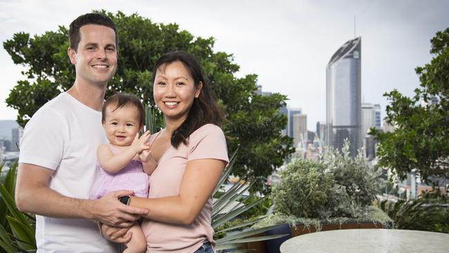 Toby Turner and Eunice Suisuan Lim with daughter Emilia have settled on an apartment — for now. Picture: Richard Whitfield