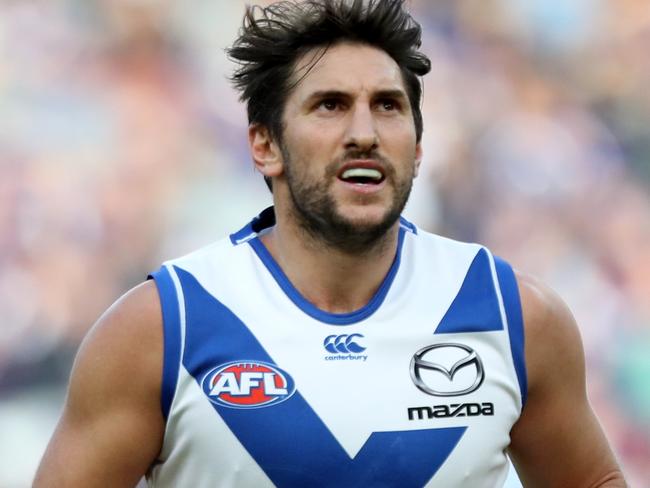 Jarrad Waite of the Kangaroos reacts during the Round 10 AFL match between the Fremantle Dockers and the North Melbourne Kangaroos at Optus Stadium in Perth, Sunday, May 27, 2018. (AAP Image/Richard Wainwright) NO ARCHIVING, EDITORIAL USE ONLY