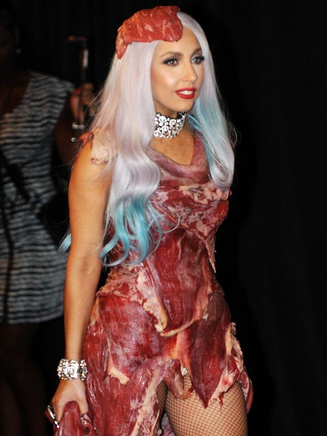 Lady Gaga shocked on the red carpet with this raw beef dress in 2010. Picture: AFP / Mark Ralston