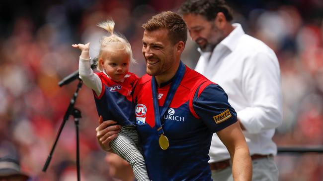 Jack Viney, pictured with daughter Mila, hasn’t witnessed any signs of complacency from the Demons this pre-season. Picture: Getty Images