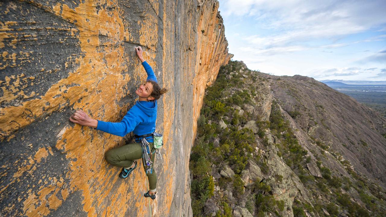 Kerrin Gale scales the Taipan Wall on the Dance of Life climb in the Grampians. Picture: Simon Carter/The Australian