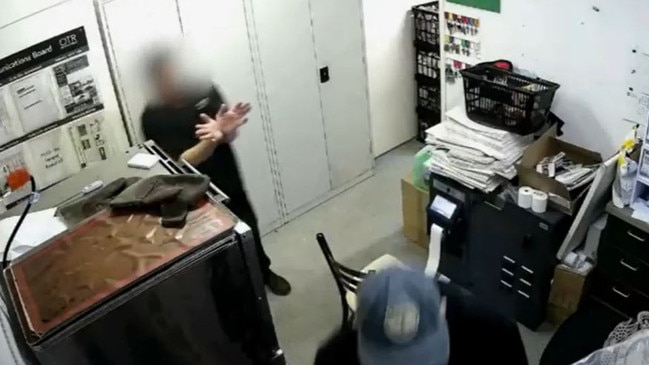 The CCTV footage shows the moment an OTR employee was allegedly cable-tied during the hour-long invasion of the service station. Picture: Supplied