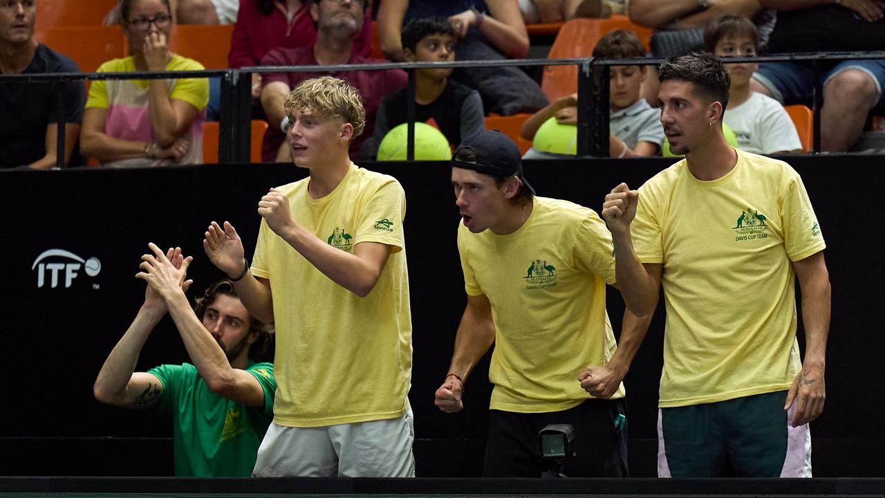 Jordan Thompson, Cruz Hewitt, Alex de Minaur and Thanasi Kokkinakis cheer on their teammates Matthew Ebden and Max Purcell of Australia during the 2024 Davis Cup Finals Group Stage doubles match between Australia and Spain at Pabellon Fuente De San Luis on September 15, 2024 in Valencia, Spain. (Photo by Angel Martinez/Getty Images for ITF)