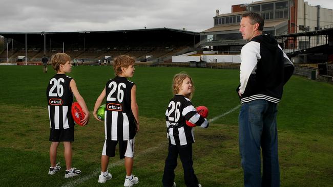 Two generations of Magpies – Callum, Tyler and Tarni with their dad Gavin.