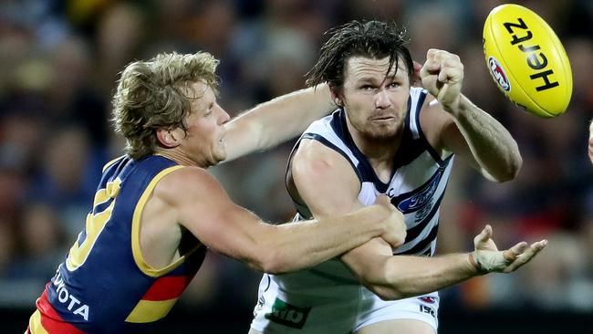 Both Rory Sloane and Patrick Dangerfield are in doubt for their sides’ top-of-the-table clash on Friday night. Picture: Calum Robertson