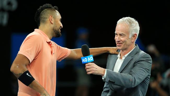 Nick Kyrgios and John McEnroe delivered one of the great post-match interviews. Picture: Mark Stewart