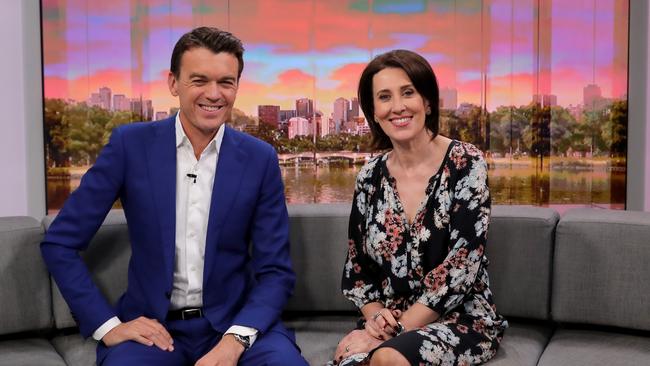 24/10/2018: Co-hosts Michael Rowland and Virginia Trioli are celebrating ten years of ABC News Breakfast, pictured in the Melbourne studio. Stuart McEvoy/The Australian.