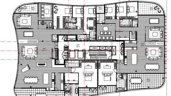 Floorplans of the four-bedroom penthouses show glass wine display, a fireplace and cinema, with stairs connecting to a wine cellar on the above level. Picture: Cottee Parker Architects